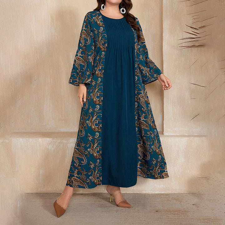 Women's Plus Size Bohemian Floral Printed Maxi Dress, Pleated Front Long Sleeve Crew Neck Loose Fit - ZEYTONCART