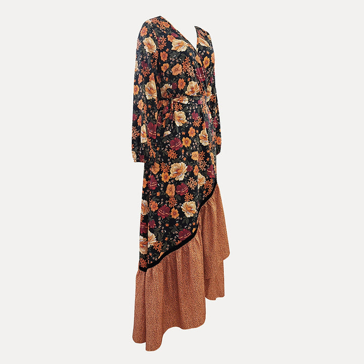 Women's Elegant V-Neck Floral Dress - Cross Front Detail & Tiered Ruffle Hem Flowing Bohemian-style Dress - ZEYTONCART