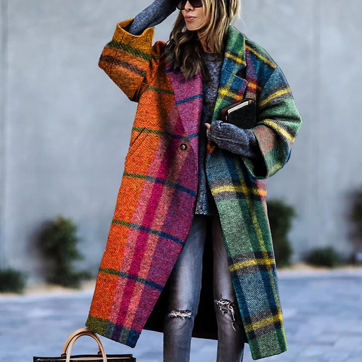 Women's Color Matching Plaid Long-sleeved Coat - ZEYTONCART