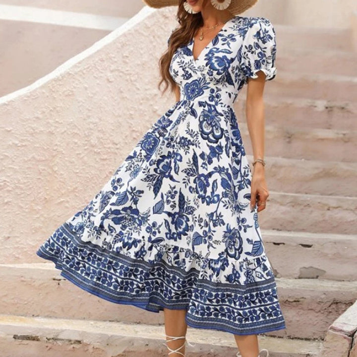 Women Floral Maxi Dress Short Puff Sleeve V Neck Bohemian Flowy Smocked Long Dress - ZEYTONCART