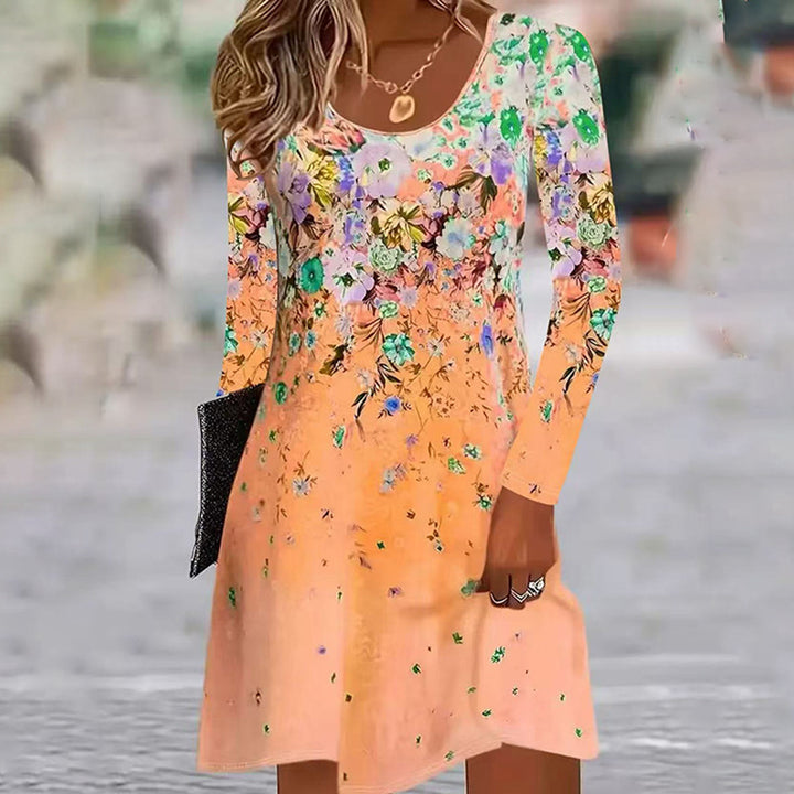 Women's Boho Floral Print Long Sleeve Tunic Dress  Casual Crew Neck Loose Mini Dress - ZEYTONCART