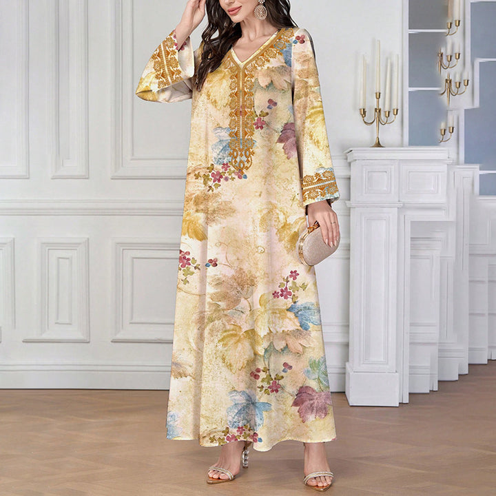 Women's Chic Bohemian Floral V-Neck Maxi Dress, Elegant Golden Long Sleeve Loose Fit Casual Dress - ZEYTONCART