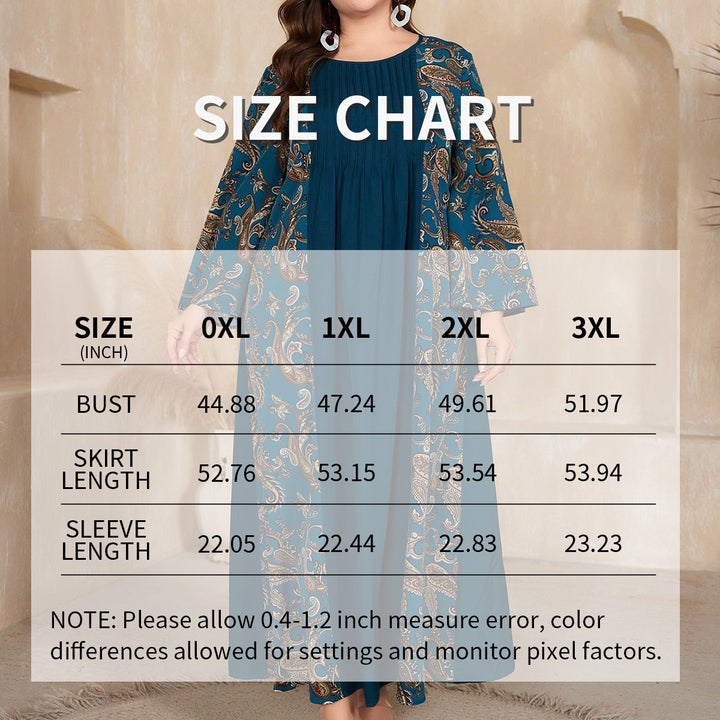 Women's Plus Size Bohemian Floral Printed Maxi Dress, Pleated Front Long Sleeve Crew Neck Loose Fit - ZEYTONCART