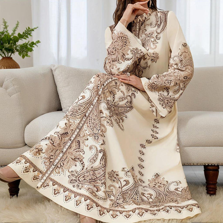 Women's Vintage High-Neck Floral Maxi Dress Loose Long Sleeve, Adjustable Waist Belt, Middle Eastern Inspired Holiday Dress Ankle-Length Gown - ZEYTONCART