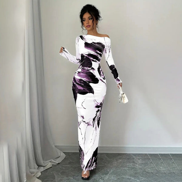 Women's Elegant Off-Shoulder Tie-Dye Floral Bodycon Dress Stretchy Season Party & Casual Dress - ZEYTONCART