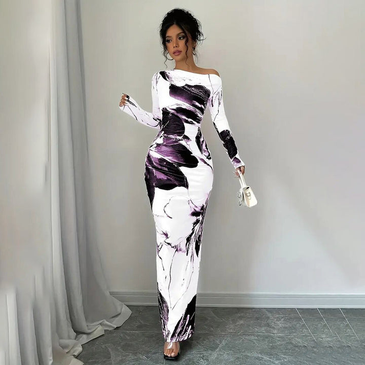 Women's Elegant Off-Shoulder Tie-Dye Floral Bodycon Dress Stretchy Season Party & Casual Dress - ZEYTONCART