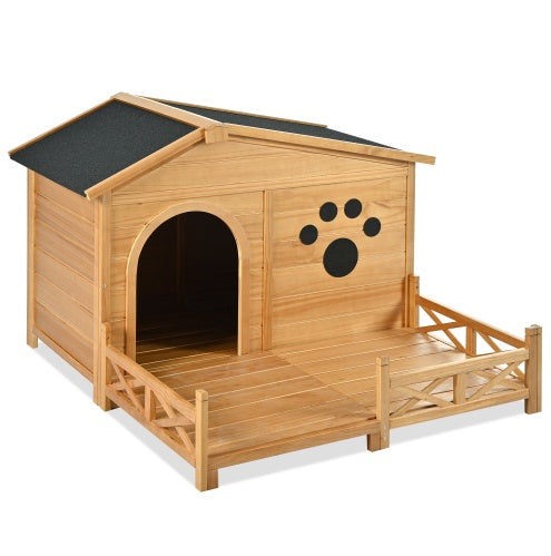 48 Wooden Dog House Outdoor With Porch, Dog Kennel With Water-Resistant Asphalt Roof And Fencing,Indoor & Outdoor Dog Crate With Paw Print, Medium, Nature - ZEYTONCART