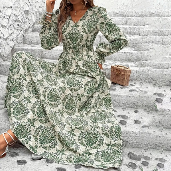 Women's V-Neck Floral Print Long Sleeve Maxi Dress - A-Line Hem With Lace Cuff Details, Elegant Bodycon Dress For Spring&Summer - ZEYTONCART
