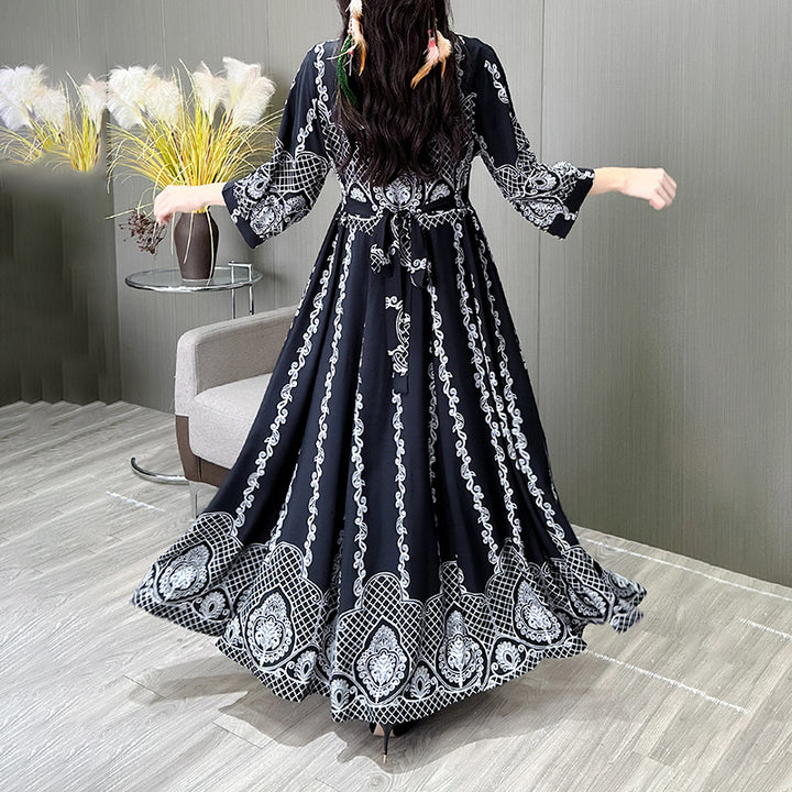 Women's Ethnic Style Floral Embroidered Dress, Elegant 3 4 Sleeve Swing Dress - ZEYTONCART