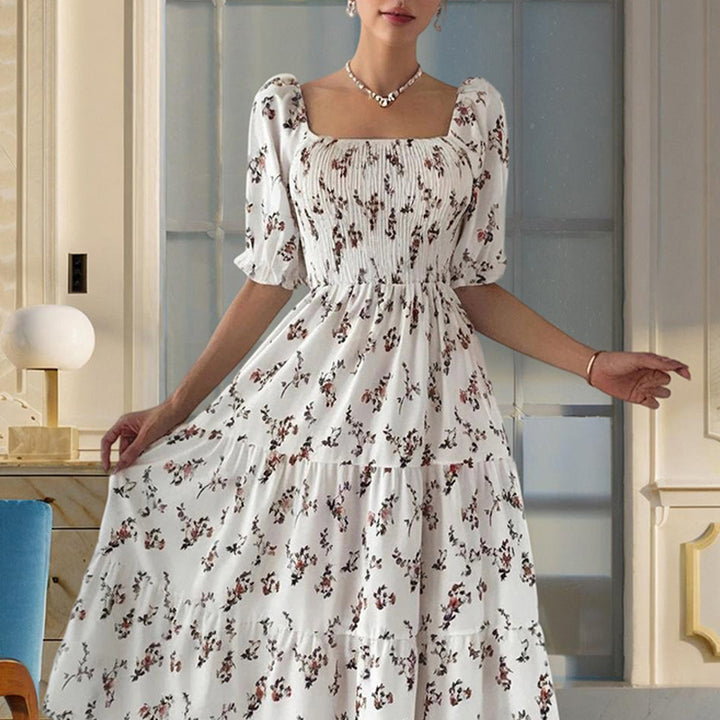 Women's Square Neck Short Sleeve A-Line Floral Print Dress Ruffled Sleeves Bust Smocked Elastic Boho Summer Vacation Dress - ZEYTONCART