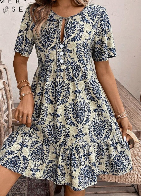 Unity Tied Leisure Vacation Dress With Doll Floral Pattern - ZEYTONCART