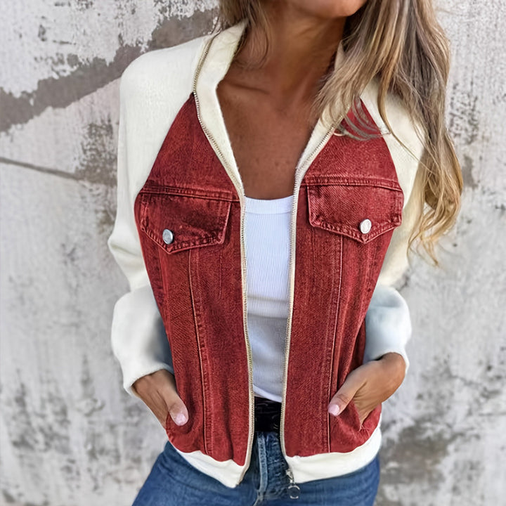 Women's Denim Patchwork Zip-Up Jacket Stand Collar Casual Coat With Button-Decorated Flap Pockets Fall Winter Fashion Outerwear - ZEYTONCART