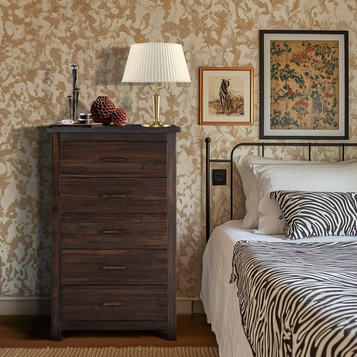 Brown Density Board With Solid Wood Veneer, Five Drawers In Vertical Arrangement, Drawer Cabinet - ZEYTONCART