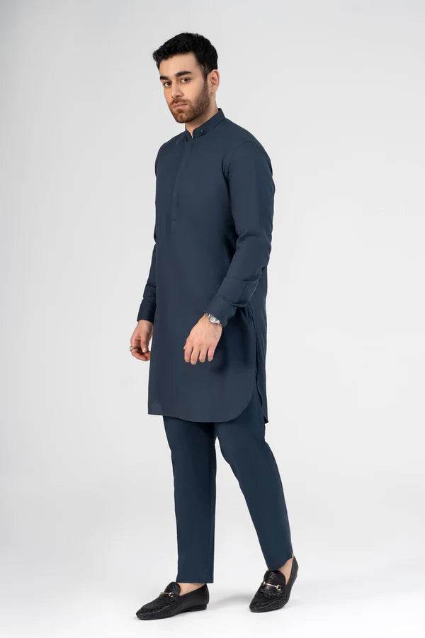 SELF DOBBY KURTA PAJAMA TEAL BLUE - ZEYTONCART
