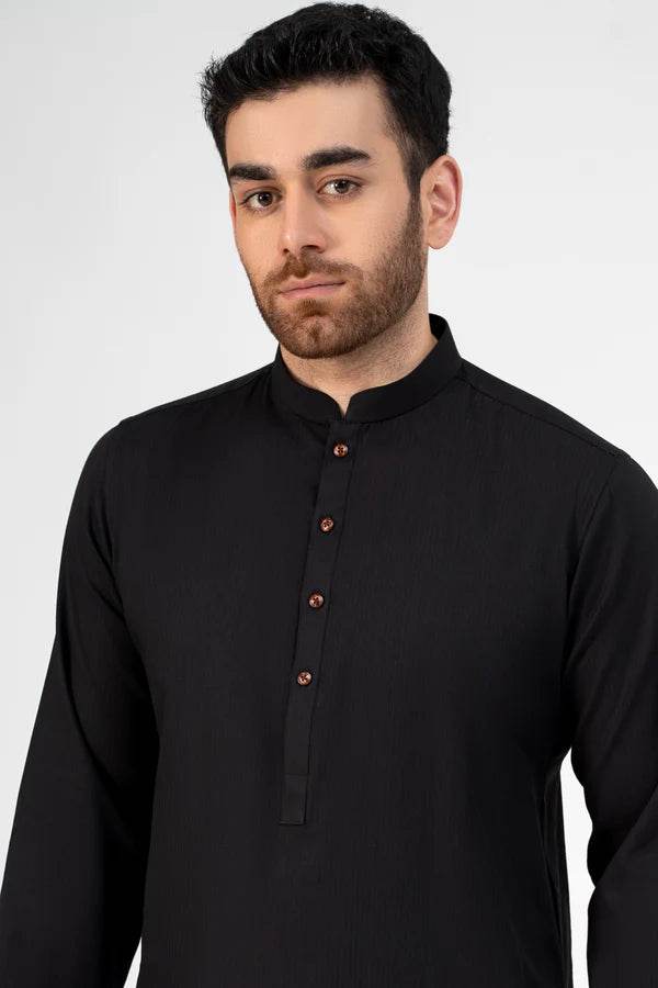 PREMIUM SELF DOBBY KURTA BLACK - ZEYTONCART