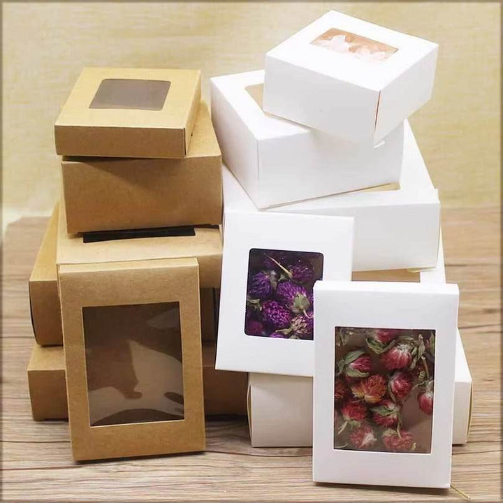 Window paper box white /brown color 10pcs cake packing box display clear chocolate/christmas candy box baby shower window box - ZEYTONCART