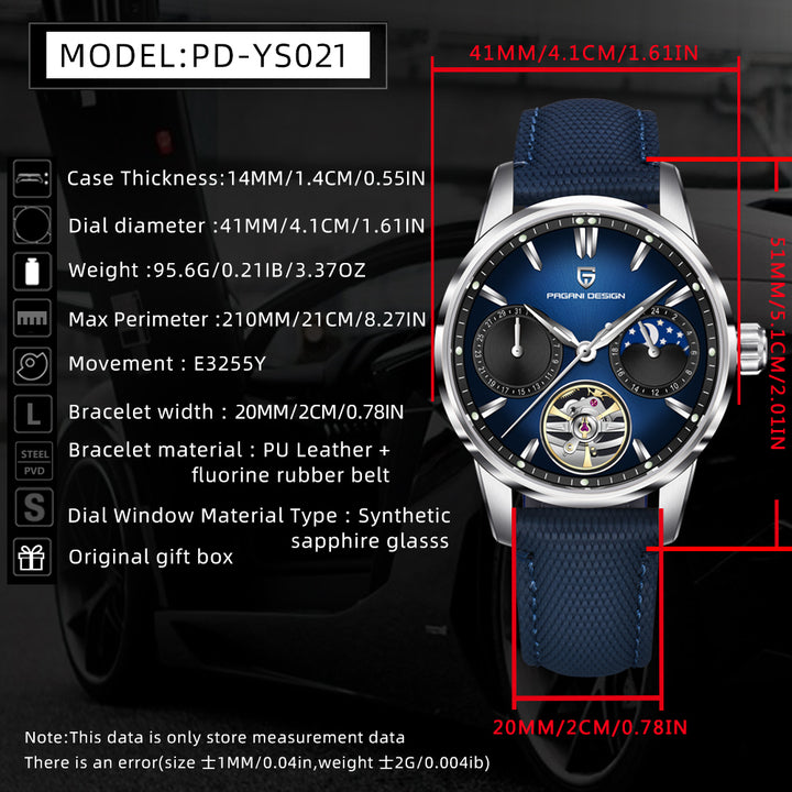 PAGANI DESIGN PD-YS021 New 41MM Pilot's Hollow Moon Phase Leisure Fashion Men Mechanical Watch Sapphire Glass Automatic Watches
