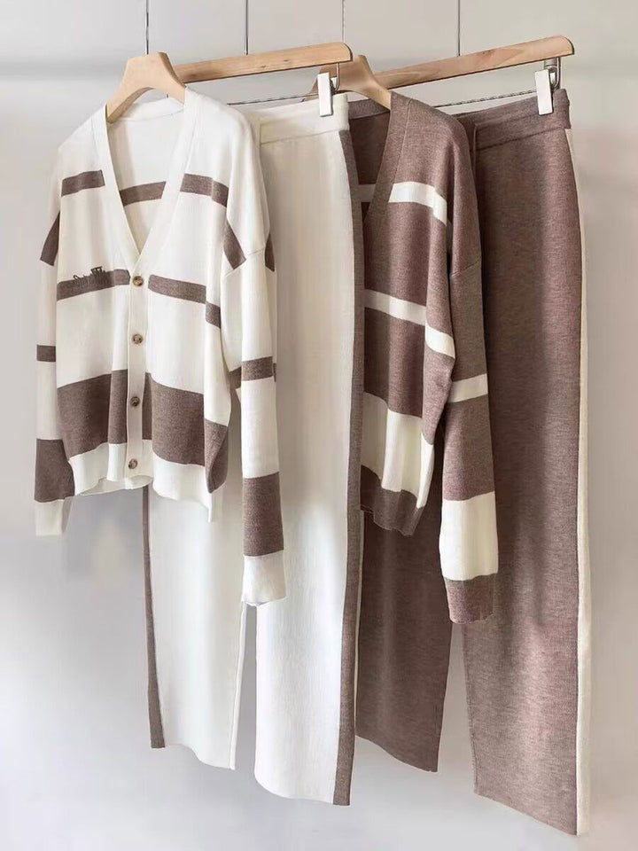 Autumn And Winter Leisure Striped Knitted Cardigan Top Wide Leg Pants Two-piece Suit - ZEYTONCART
