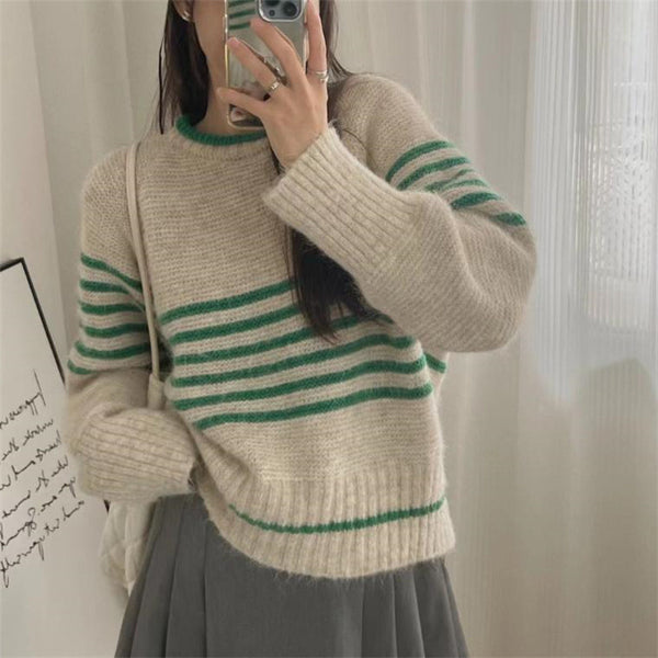 Autumn And Winter Korean Retro Contrast Color Stripes Idle Style Crew Neck Pullover Sweater - ZEYTONCART