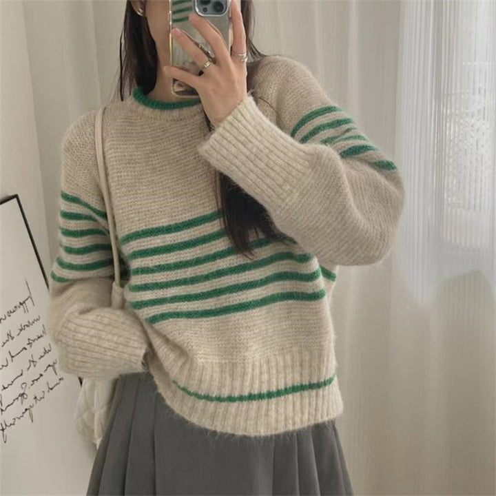 Autumn And Winter Korean Retro Contrast Color Stripes Idle Style Crew Neck Pullover Sweater - ZEYTONCART