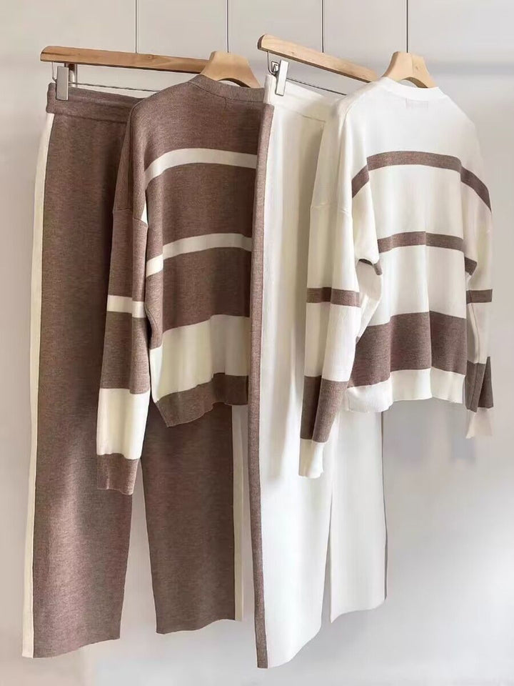 Autumn And Winter Leisure Striped Knitted Cardigan Top Wide Leg Pants Two-piece Suit - ZEYTONCART