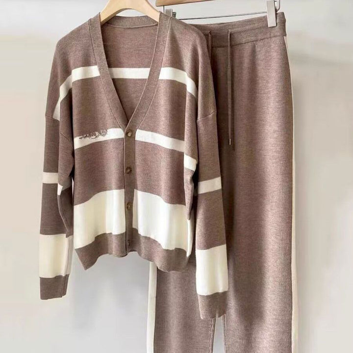 Autumn And Winter Leisure Striped Knitted Cardigan Top Wide Leg Pants Two-piece Suit - ZEYTONCART