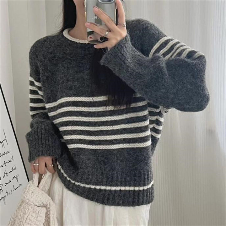 Autumn And Winter Korean Retro Contrast Color Stripes Idle Style Crew Neck Pullover Sweater - ZEYTONCART