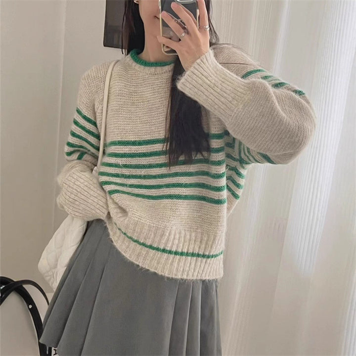 Autumn And Winter Korean Retro Contrast Color Stripes Idle Style Crew Neck Pullover Sweater - ZEYTONCART