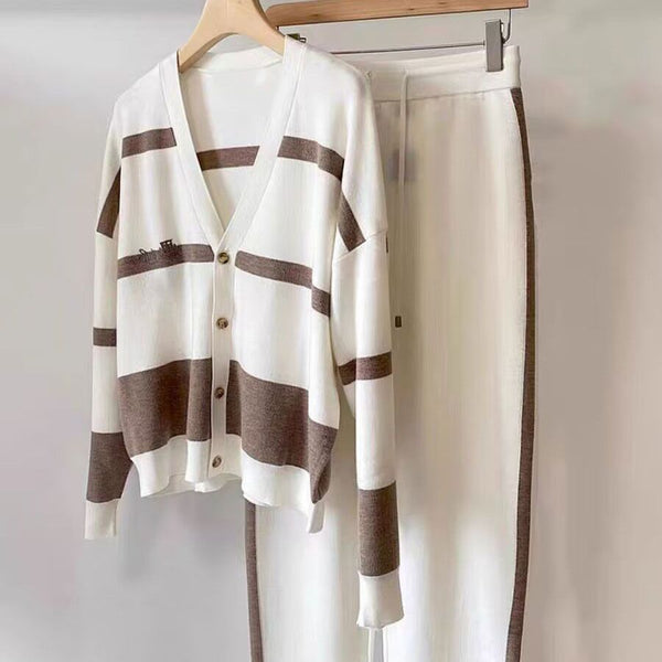 Autumn And Winter Leisure Striped Knitted Cardigan Top Wide Leg Pants Two-piece Suit - ZEYTONCART