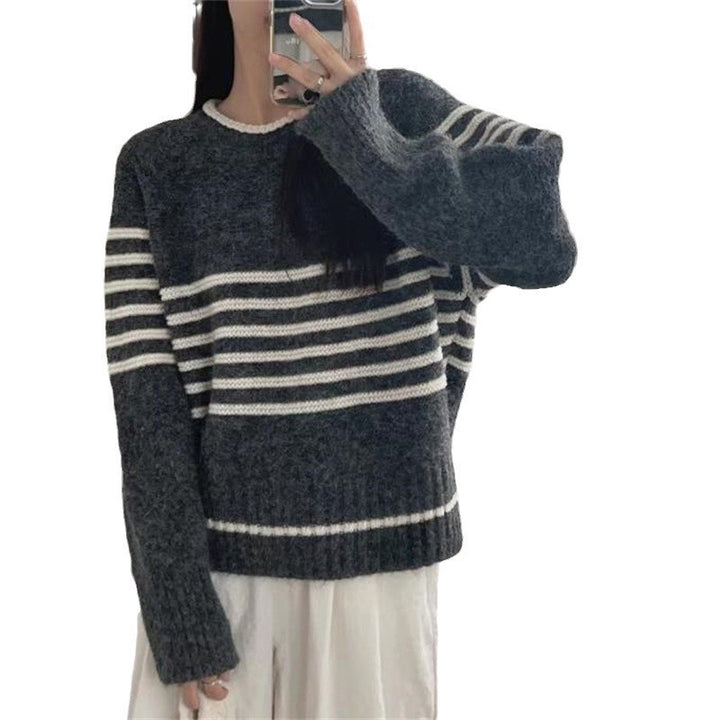 Autumn And Winter Korean Retro Contrast Color Stripes Idle Style Crew Neck Pullover Sweater - ZEYTONCART