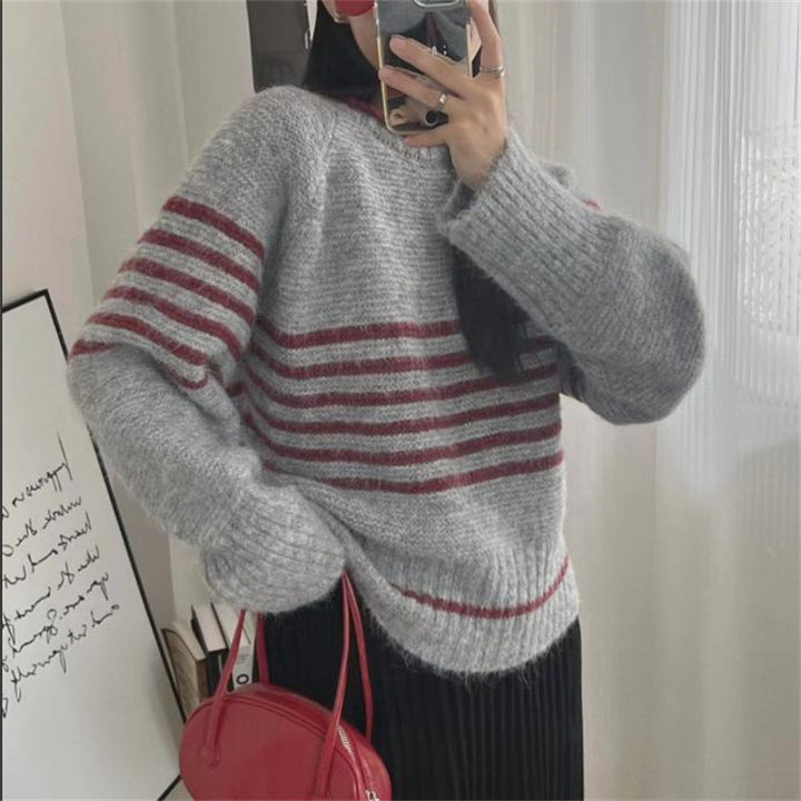 Autumn And Winter Korean Retro Contrast Color Stripes Idle Style Crew Neck Pullover Sweater - ZEYTONCART