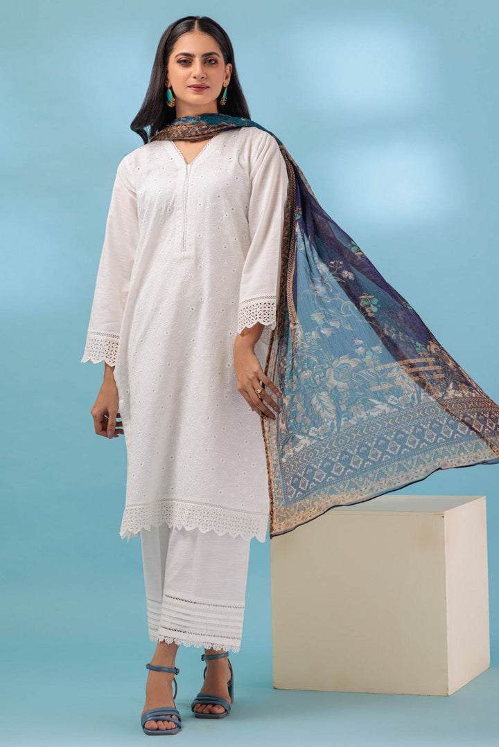 Stitched 3-Piece Khaddar Suit – Chikankari Shirt, Printed Chiffon Dupatta & Trouser (PWS2233P02) B-13 - ZEYTONCART