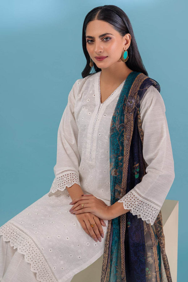 Stitched 3-Piece Khaddar Suit – Chikankari Shirt, Printed Chiffon Dupatta & Trouser (PWS2233P02) B-13 - ZEYTONCART