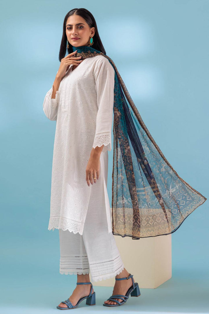 Stitched 3-Piece Khaddar Suit – Chikankari Shirt, Printed Chiffon Dupatta & Trouser (PWS2233P02) B-13 - ZEYTONCART
