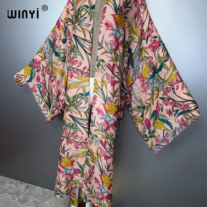 WINYI  bohemian kimono cardigan beachwear print dress abaya dubai luxury cover-ups beach outfits women maxi coat muslim kaftan - ZEYTONCART