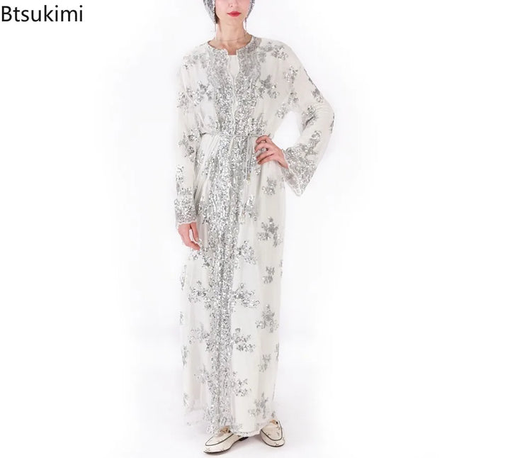 2025 New Black White Sequin Kimono Cardigan Abaya Dubai Luxury Muslim Kaftan Abayas for Women Turkish Islamic Clothing Outfit - ZEYTONCART