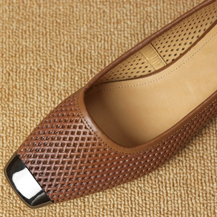 Plus size 34-41 women's hollow-out sheepskin slip-on summer breathable pumps metal toe 3cm kitten heel elegant ladies heels shoe - ZEYTONCART