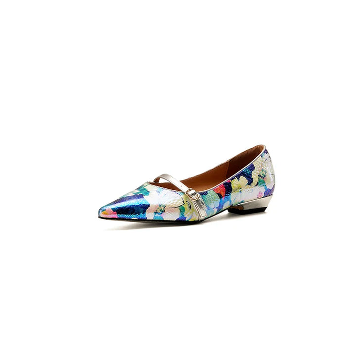 Peritoneal printed  sheepskin Handmade Colorful Floral heels sandals,Pointed Toe High Heel Low Block Women's Pumps - ZEYTONCART