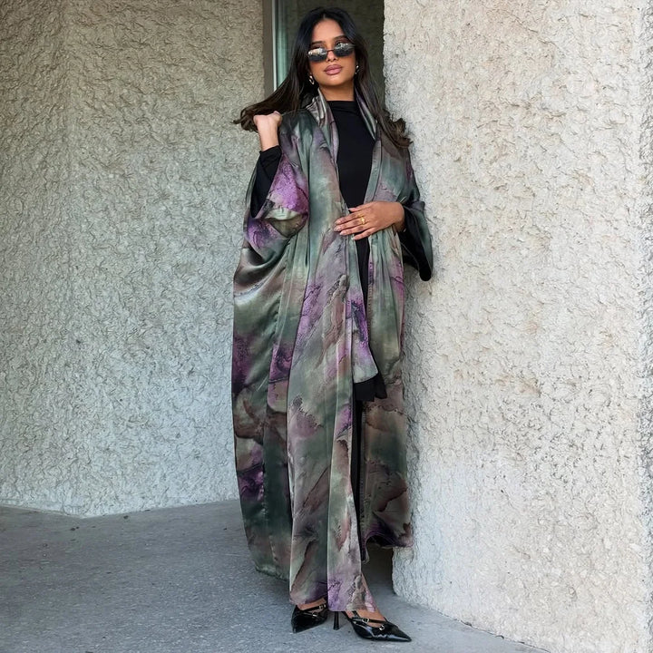 Mq204 Modest Summer Fashion Satin Print with Headscarf Women's Abaya Cardigan Jacket Outerwear Big Robe Islam Elegant - ZEYTONCART