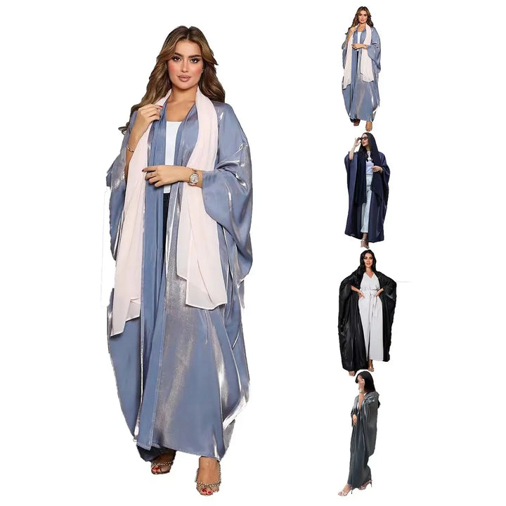 Hot sale Summer Women Islamic Clothing Shinny Polyester Thin Fabric Puff Sleeves Dubai Open Abaya for Muslim Women - ZEYTONCART