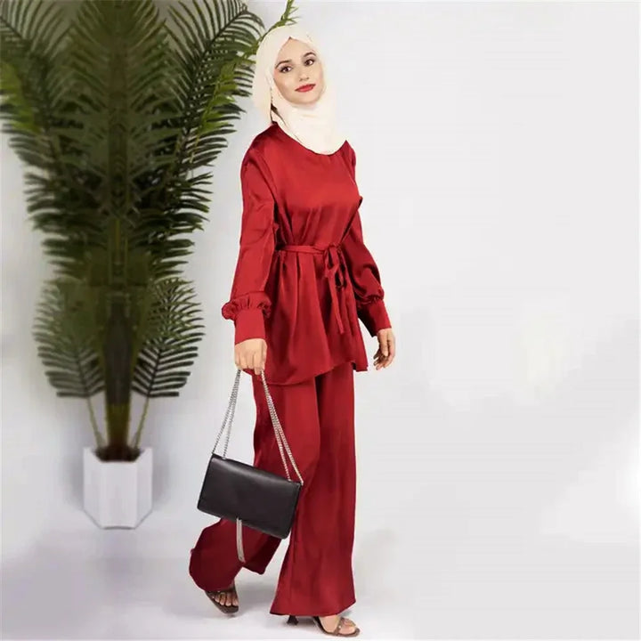 2 Piece Set Abayas Women Plain Satin Islamic Clothing Belted Tops+Long Pants Sets Ramadan Eid Muslim Dress Dubai Turkish Outfits - ZEYTONCART