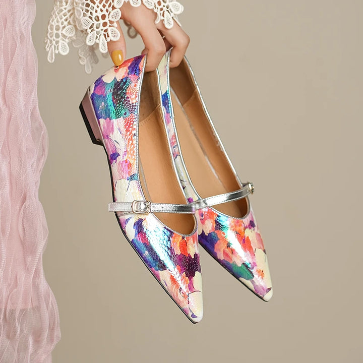 Peritoneal printed  sheepskin Handmade Colorful Floral heels sandals,Pointed Toe High Heel Low Block Women's Pumps - ZEYTONCART