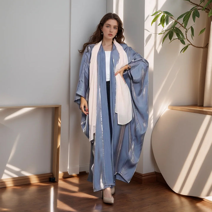 Hot sale Summer Women Islamic Clothing Shinny Polyester Thin Fabric Puff Sleeves Dubai Open Abaya for Muslim Women - ZEYTONCART