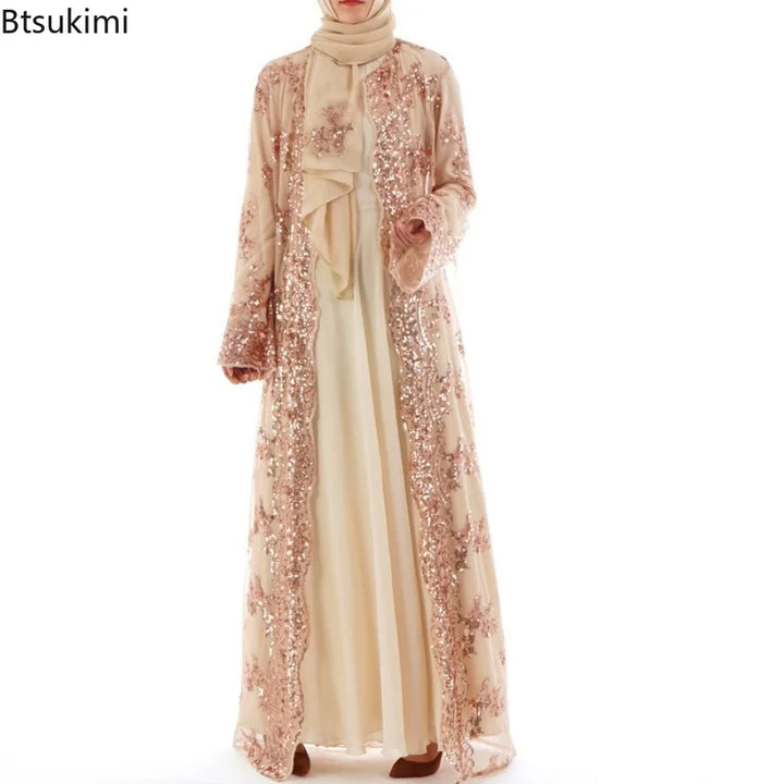 2025 New Black White Sequin Kimono Cardigan Abaya Dubai Luxury Muslim Kaftan Abayas for Women Turkish Islamic Clothing Outfit - ZEYTONCART