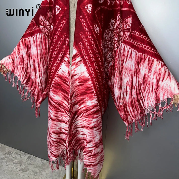WINYI summer Fringed tie-dye printed Women Cardigan Long Dress elegant Boho loose beach Cover Up Kimonos abaya dubai luxury - ZEYTONCART