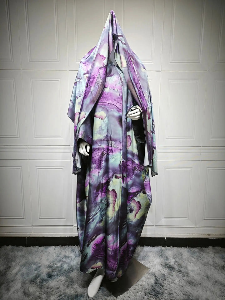 Mq204 Modest Summer Fashion Satin Print with Headscarf Women's Abaya Cardigan Jacket Outerwear Big Robe Islam Elegant - ZEYTONCART