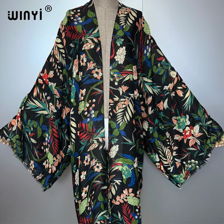WINYI  bohemian kimono cardigan beachwear print dress abaya dubai luxury cover-ups beach outfits women maxi coat muslim kaftan - ZEYTONCART