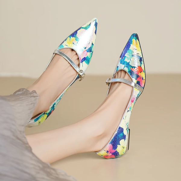 Peritoneal printed  sheepskin Handmade Colorful Floral heels sandals,Pointed Toe High Heel Low Block Women's Pumps - ZEYTONCART