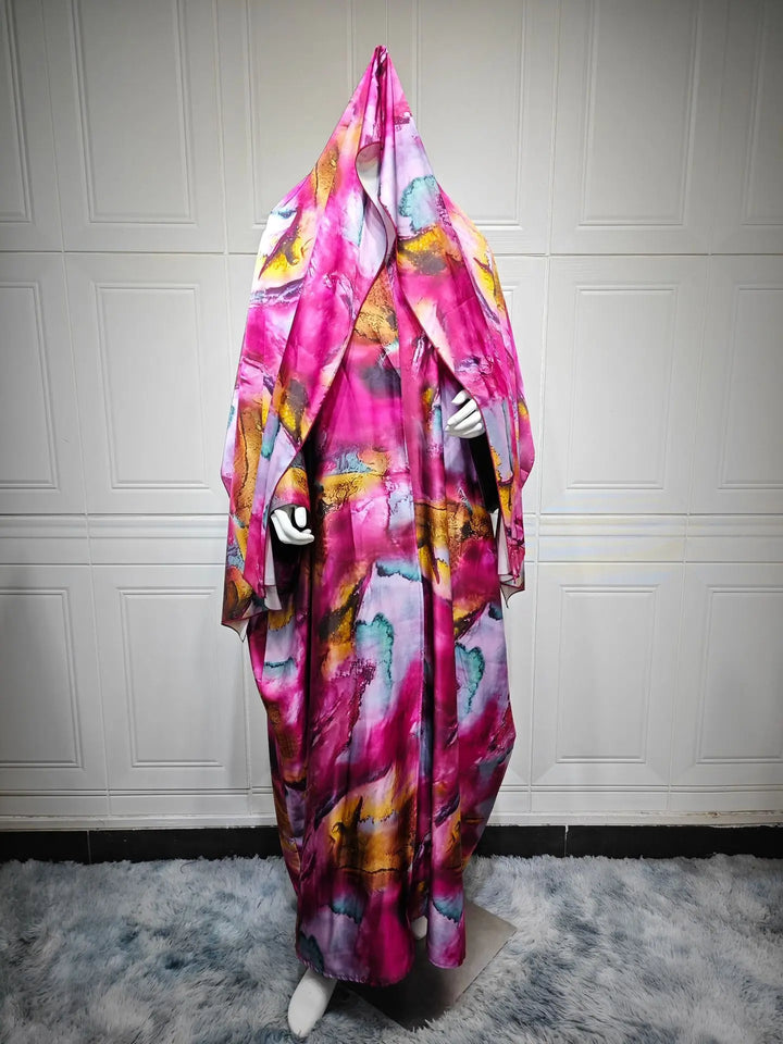 Mq204 Modest Summer Fashion Satin Print with Headscarf Women's Abaya Cardigan Jacket Outerwear Big Robe Islam Elegant - ZEYTONCART