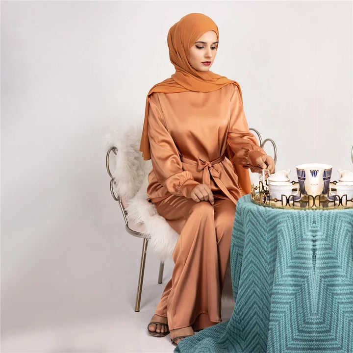 2 Piece Set Abayas Women Plain Satin Islamic Clothing Belted Tops+Long Pants Sets Ramadan Eid Muslim Dress Dubai Turkish Outfits - ZEYTONCART